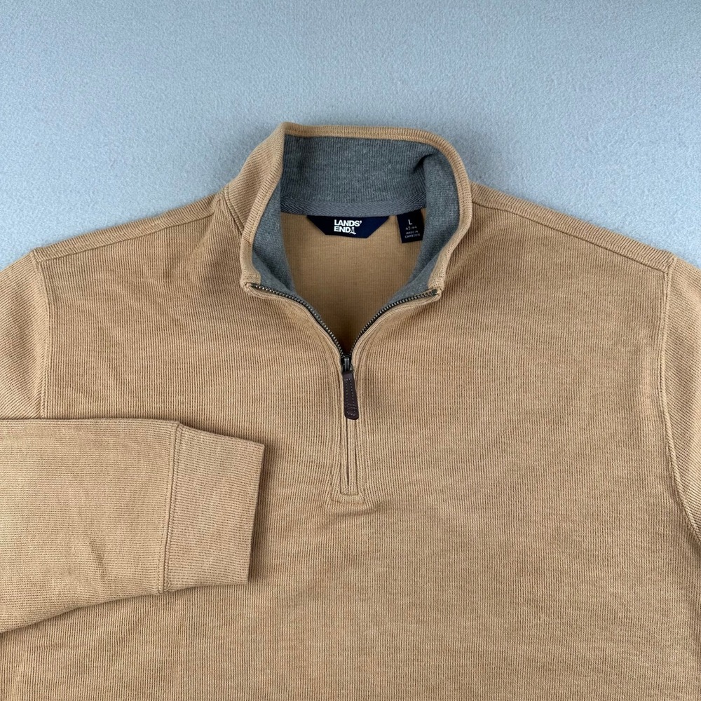 Lands End Quarter Zip Pullover Mens Large Tan Ribbed Cotton Blend Mock Neck